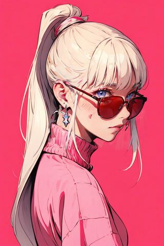 (masterpiece),,(best quality), 
1girl, solo, long hair, looking at viewer, blonde hair, simple background, jewelry, upper body, ponytail, white hair, earrings, from side, sweater, lips, grey eyes, turtleneck, pink background, sunglasses, cross, red background, tinted eyewear, pink theme, pink sweater, cross earrings