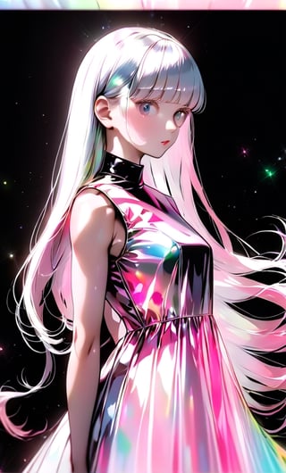 (masterpiece),(best quality), 

1girl, solo, long hair, looking at viewer, simple background, upper body, white hair, blunt bangs, lips, black background,  white hair, pink hair, white  dress, pink dress,  white dress,

dress hologram, bioluminescent liquid,Anime 