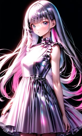 (masterpiece),(best quality), 

1girl, solo, long hair, looking at viewer, simple background, upper body, white hair, blunt bangs, lips, black background,  white hair, pink hair, white  dress, pink dress,  white dress,

dress hologram, bioluminescent liquid,Anime, hologram dress,
