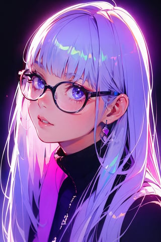 (masterpiece),,(best quality), 

1girl, solo, long hair, looking at viewer, blue hair, purple eyes, pink hair, glasses, blunt bangs, lips, black background, portrait, round eyewear