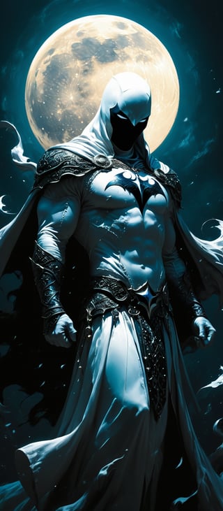 A closeup of fantastical image of a moon knight, clad in flowing, flowing robes, wielding an ornate, ornate blade. Their eyes are filled with power and determination, as they wield the sword in a fluid, dynamic motion. The moon's reflection highlights their magical power