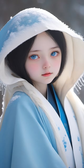 photo r3al, detailmaster2, masterpiece, photorealistic, 8k, 8k UHD, best quality, ultra realistic, ultra detailed, hyperdetailed photography, real photo, realistic eyes, solo female, snowing, winter, white winter jacket, hood, photorealistic, real photo, 8k, realistic eyes, detailed face, upper body, facing viewer, pale skin, daylight, outdoors, 10 years old, cute, looking towards the sky, ,lis4,yeji,((blue eye)),AIDA_LoRA_valenss,dripping paint,Amelia,hanfu