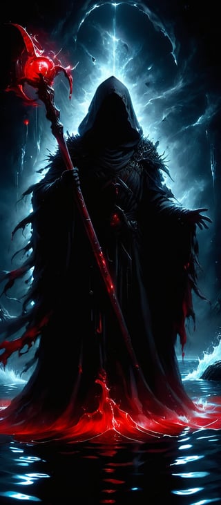 Dark Fantasy page, a reaper who seems to meld with the shadows, cloaked in armor made of bone and darkness, levitates over a pool of crystalline water with red hue. the figure exudes an air of mystery and forbearance, wielding a massive scythe with a dark, crimson aura. the image, whether painted or digitally rendered, captures the anomaly and maleficence of the character with vivid detail, high contrast, deep shadows 