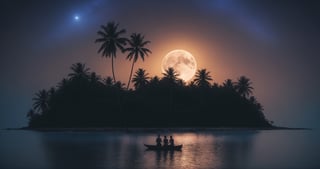 a dark night, a small island, big bull moon, milky way, two crossed coconut trees, big full moon, campfire, people dancing, enjoying, water reflections, hyperrealistic water,  detailed, uhd, dslr,  scenery,outdoors,night