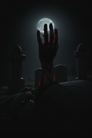 dark photo of bloody hand rising up from ground in cemetery at night, cinematic horror, detailed skin textures, dramatic shadows under moonlight, high resolution