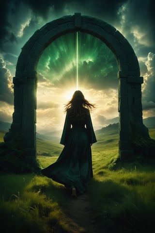 Color-grain Summer scene of a woman with billowing Long Hair Walking through a vast Green meadow Landscape with to a giant open door with a deep black abyss Grabbling Out of it resembling a stargate, veiled in a DARK robe resembling a jedi, very detailed, sunrise behind fluffy Clouds with extrem volumetric lighting backdrop, atmospheric haze, Film grain, cinematic film still, shallow depth of field, highly detailed, high budget, cinemascope, moody, epic,