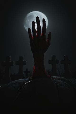 dark photo of bloody hand rising up from ground in cemetery at night, cinematic horror, detailed skin textures, dramatic shadows under moonlight, high resolution,extremely detailed