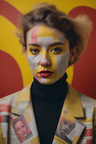 the portrait shows many newspaper stories painted onto a person's face, in the style of psychadelic surrealism, poodlepunk, fashion photography, young british artists (ybas), photo taken with provia, dark yellow and red, wildstyle