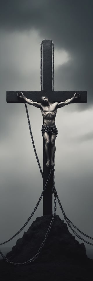 A depressing man, a hellish landscape, depressing dark tones, the man chained to a huge, heavy steel cross, the cross sticking up into the sky with no head in sight! A cross full of class, many thick and ancient chains loosely wrapped around the steel cross, at the top is heaven at the low end is hell