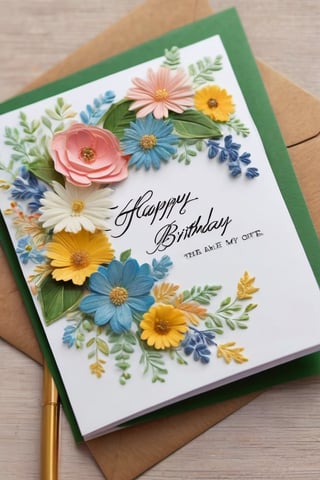 A stunning birthday card for a loving wife, adorned with a vibrant array of flowers surrounding the text. At the center of the card, a large bouquet of varius flowers. Surrounding the bouquet, a variety of delicate blooms dance playfully around the edges, adding a touch of whimsy and sophistication. Pale green foliage provides a crisp contrast against the vivid colors, while long, willowy tendrils of ivy curl gracefully up towards the top of the card, creating a sense of movement and energy. The card's background is a soft, pastel shade of blue, reminiscent of a summer sky, further enhancing the overall serene and romantic atmosphere. The message "Happy Birthday, my love" is written in a flowing script, accentuated with a gold leaf border, inviting the recipient to pause and cherish the sentiment behind the beautifully crafted card.