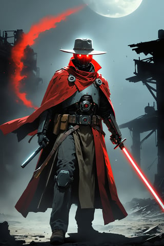  concept art , 1man, solo, post apocalypse outfit, red cape blowing in the wind, cowboy hat, robot arm, trench coat, mechanical mask, glowing chest, glowing eyes, holding katana, 