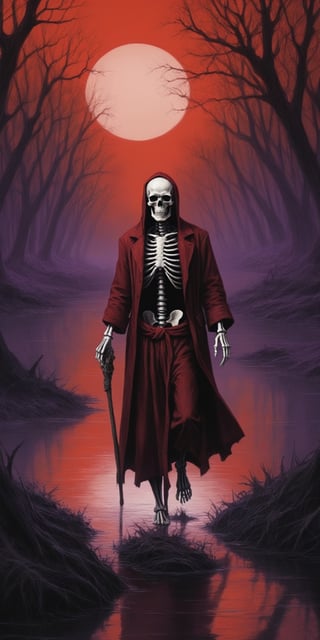 In the swamps of hell, there was a merchant, carrying a heavy bag, the depressing color of dark red, the skeleton wagon behind the merchant, the dark red river, the purple-black sun