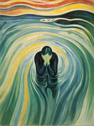 Create an abstract oil painting in the style of Edvard Munch depicting a figure lying in a shallow pool of water, gazing up at the sky. The water should cast rippling shadows over their face, creating an illusion of depth and movement. The overall painting should have a blurry and abstract quality with shades of oil,style of Edvard Munch,abstract paintings,ColorART