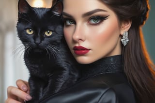 BELLA DONNA REALISTICA, OCCHI castani E CAPELLI neri, abito elegante con giacca nera, con gatto che fa le fusa