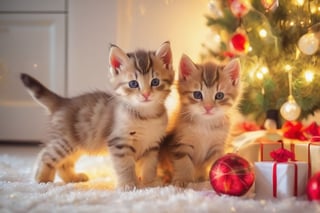 Kittens under the tree playing with gifts, christmas tree, bright room