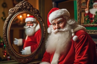 Santa Claus looks at himself in the mirror, his face also reflected and background room decorated for Christmas, large mirror from the Georgian era, realistic and with many details, scenic