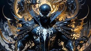 Ultra-Wide angle shot, photorealistic of gothic medieval of thrilling fusion between Ispiderman and Venom, resulting in a new character that embodies elements of both, people, seeBlack ink flow: 8k resolution photorealistic masterpiece: by Aaron Horkey and Jeremy Mann: intricately detailed fluid gouache painting: by Jean Baptiste Mongue: calligraphy: acrylic: colorful watercolor art, cinematic lighting, maximalist photoillustration: by marton bobzert: 8k resolution concept art intricately detailed, complex, elegant, expansive, fantastical, psychedelic realism, dripping paint
