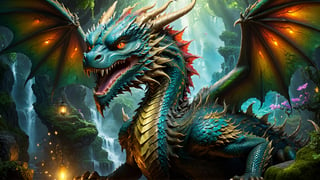 (best quality,16K,UHD,masterpiece), ultra-detailed, (cinematically rendered, visually stunning) artwork featuring a dragon. Picture a vibrant and enchanting scene with the dragon set against a mystical background. The 3D rendering brings out intricate details like its textured scales, The wings add a touch of whimsy, complemented by sparkling eyes that radiate playfulness. The magical atmosphere is intensified by realistic textures, professional artistry, and a captivating composition. Immerse yourself in an epic fantasy scene with a perfect blend of fantasy art style and mystical lighting.