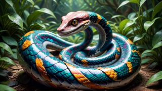 Unveil the beauty of a biometrical snake, its scales adorned with a stunning array of colors that shimmer with a hint of magic. This elegant and otherworldly serpent slithers through a fantasy landscape, promising an artistic exploration of the captivating nature of biometrical design in a snake form.