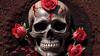  create a photo realistic image of human black skull ingrown by red rose and slashed by blood,skull burried in dark dirt.