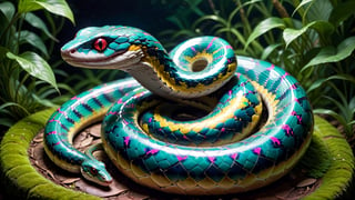 Unveil the beauty of a biometrical snake, its scales adorned with a stunning array of colors that shimmer with a hint of magic. This elegant and otherworldly serpent slithers through a fantasy landscape, promising an artistic exploration of the captivating nature of biometrical design in a snake form.