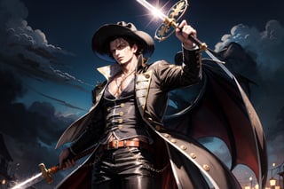 dracule mihawk one piece anime,wearing a brown cott and rose pant,holding a so big green lighting sword,wearing cowboy boots and cowboy hat, sword shaped chain in neck, lighting orange eagle eye 