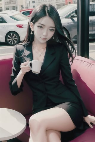 A 30-year-old Taipei woman who is also an e-commerce CEO was captured drinking coffee in an outdoor cafe on the streets of Taipei. She has shiny black and super long hair, delicate facial features, thick eyebrows and big eyes, showing her elegant temperament. In the leisurely afternoon, she sat outside the cafe, crossed her legs, and admired the surrounding scenery. She has a slim figure, fair and smooth skin, and exudes model-like temperament and charm. She has the domineering and self-confidence of a CEO, and a beautiful face similar to Lin Chiling's, showing a noble and elegant style. This photo taken with a wide perspective and high resolution shows a real-life scene, allowing the viewer to feel the reality and beauty of this moment. The female CEO is randomly shot, the female CEO turns randomly, the sun is bright, and there is a cake on the coffee table. with snacks