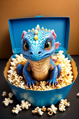 Dragon,baby dragon,inside a huge box of popcorn,popcorn,swimming in popcorn