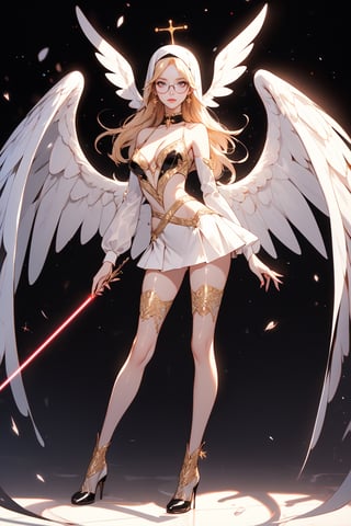 score_9, score_8_up, score_7_up, score_6_up, 18 year old sexy angel Nun, 1girl, laser light angel wings, beautiful angular face with pointy chin, face dimples, full sexy lips, glowing golden eyes, glasses, cat eyes, glasses, long lashes, eye shadow, long flowing white hair, hime cut, glowing golden halo, petite figure, slim waist, tone abs, shapely, medium round breasts, laser light clothes,  laser light nun outfit( very short skirt, lots of cleavage), long finger nails,  laser light knee high latex boots with heels,  laser light white fishnet stockings, golden cross collar, seductive look, cinematic lighting, dramatic angle, in flight pose, volumetric lighting, Expressiveh, TQ - Celestial Fantasy,  
