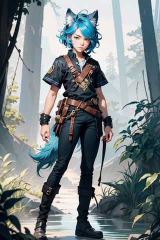 16k ultra high definition, perfect face, Hair, photorealistic, photo, masterpiece, realistic, realism, photorealism, high contrast, detailed, skin texture, hyper detailed, realistic skin texture, facial features, best quality, ultra high res, high resolution, detailed, young boy, bright blue hair, wolf ears, (wolf tail:1.15), full body, round face,  androgynous, blue eyes, Nature, pine forest,1boy,Femboy, commoner clothes, short sleeves, boots, trousers, female arms

