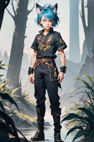 16k ultra high definition, perfect face, Hair, photorealistic, photo, masterpiece, realistic, realism, photorealism, high contrast, detailed, skin texture, hyper detailed, realistic skin texture, facial features, best quality, ultra high res, high resolution, detailed, young boy, bright blue hair, wolf ears, wolf tail, full body, round face,  androgynous, blue eyes, Nature, pine forest,1boy,Femboy, commoner clothes, short sleeves, boots, trousers