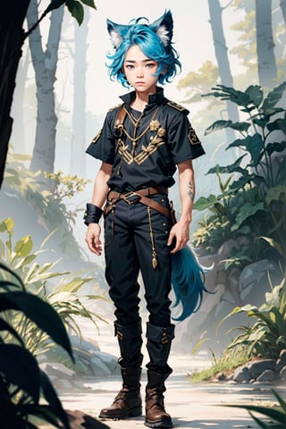 16k ultra high definition, perfect face, Hair, photorealistic, photo, masterpiece, realistic, realism, photorealism, high contrast, detailed, skin texture, hyper detailed, realistic skin texture, facial features, best quality, ultra high res, high resolution, detailed, young boy, bright blue hair, wolf ears, (wolf tail:1.15), full body, round face,  androgynous, blue eyes, Nature, pine forest,1boy,Femboy, commoner clothes, short sleeves, boots, trousers