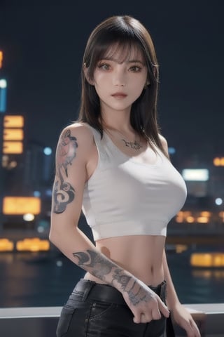 Top quality, masterpiece, 8K, beautiful woman, Japanese woman, expressionless, whole body, ((tattoo)), black slacks, white tank top, female mafia, cyberpunk city, night,Mitan, heterochromia,TifaFF7, ,TIFA,1girl,xxmixgirl,ftifa