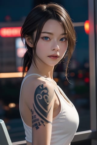 Top quality, masterpiece, 8K, beautiful woman, Japanese woman, expressionless, whole body, ((tattoo)), black slacks, white tank top, female mafia, cyberpunk city, night,ellafreya,Mitan,yuna \(ff10\),heterochromia,green eyes,blue eyes,kabashimahikari