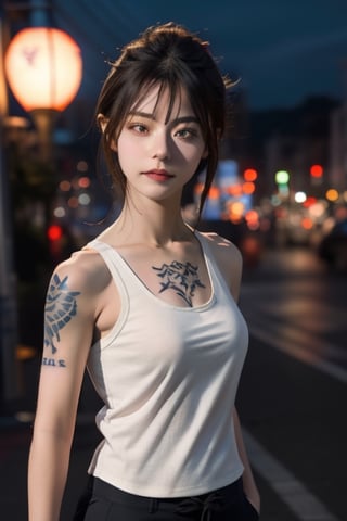 Top quality, masterpiece, 8K, beautiful woman, Japanese woman, expressionless, whole body, ((tattoo)), black slacks, white tank top, female mafia, cyberpunk city, night,ellafreya,Mitan,yuna \(ff10\),heterochromia,green eyes,blue eyes,kabashimahikari