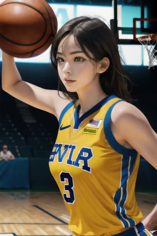 best quality, high quality, ultra quality, 8k, masterpiece, detailed, extremely detailed, insanely detailed, ultra detailed, ultra highres ,exquisite, lifelike Images,cinematic experience,UHD picture,Realistic,photorealistic,hyperrealistic,vivid,RAW photo,shot by DSLR, 
one girl, upper body,half smile, seductive, basketball uniform, yellow shirt, indoor basketball court