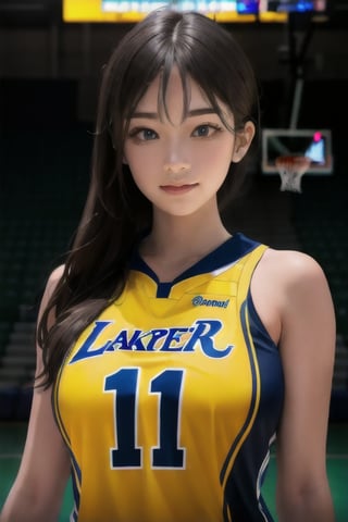 best quality, high quality, ultra quality, 8k, masterpiece, detailed, extremely detailed, insanely detailed, ultra detailed, ultra highres ,exquisite, lifelike Images,cinematic experience,UHD picture,Realistic,photorealistic,hyperrealistic,vivid,RAW photo,shot by DSLR, 
one girl, upper body,half smile, seductive, basketball uniform, yellow shirt, indoor basketball court