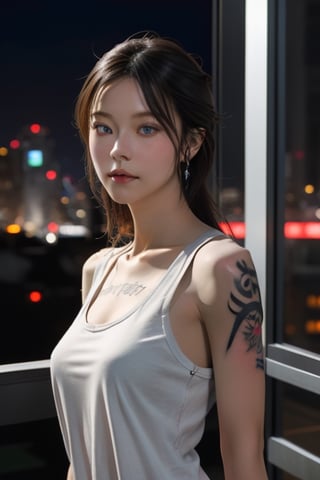 Top quality, masterpiece, 8K, beautiful woman, Japanese woman, expressionless, whole body, ((tattoo)), black slacks, white tank top, female mafia, cyberpunk city, night,ellafreya,Mitan,yuna \(ff10\),heterochromia,green eyes,blue eyes,kabashimahikari