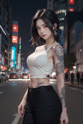 Top quality, masterpiece, 8K, beautiful woman, Japanese woman, expressionless, whole body, ((tattoo)), black slacks, white tank top, female mafia, cyberpunk city, night,ellafreya,Mitan,yuna \(ff10\)