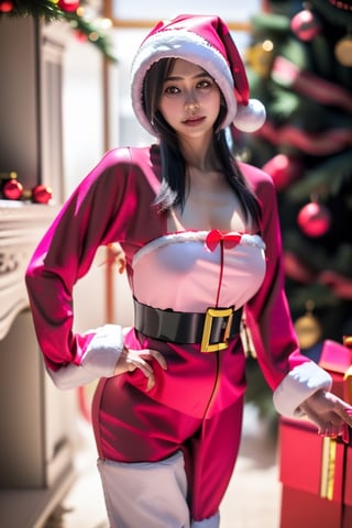 (Beautiful Japanese woman), ((pink and black Santa Claus costume: 1.3)), Christmas tree, ((Bust shot: )), Shot from below, Surrealism, Super detail, UHD, Masterpiece, Accurate, Anatomically Correct, Textured Skin, Super Detailed, High Detail, Top Quality, 8K, Photorealistic,jinmeng,photorealistic,fukada,epoint2016,GdClth,ninja_suit,1girl,tabemikako,latex dress,4ngel,nanazawa,SANTA BIKINI,bikini_jk,hamabe