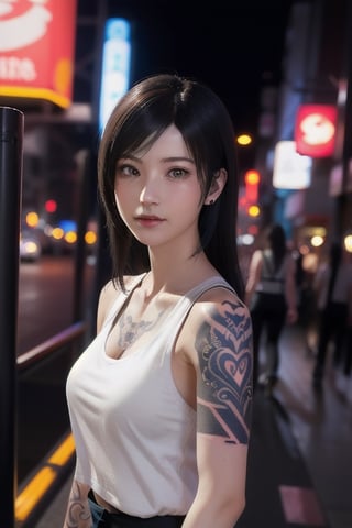 Top quality, masterpiece, 8K, beautiful woman, Japanese woman, expressionless, whole body, ((tattoo)), black slacks, white tank top, female mafia, cyberpunk city, night,Mitan, heterochromia,TifaFF7, ,TIFA,1girl,xxmixgirl,ftifa