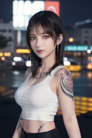 Top quality, masterpiece, 8K, beautiful woman, Japanese woman, expressionless, whole body, ((tattoo)), black slacks, white tank top, female mafia, cyberpunk city, night,Mitan, heterochromia,TifaFF7, ,TIFA,1girl,xxmixgirl,ftifa