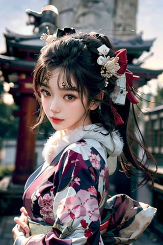 Masterpiece, highest resolution, high resolution, 4k, detailed skin, beautiful Japanese woman, wearing a Japanese kimono, kimono with fur, Bust shot,looking at the sky, rising sunrise, shrine, torii, kadomatsu