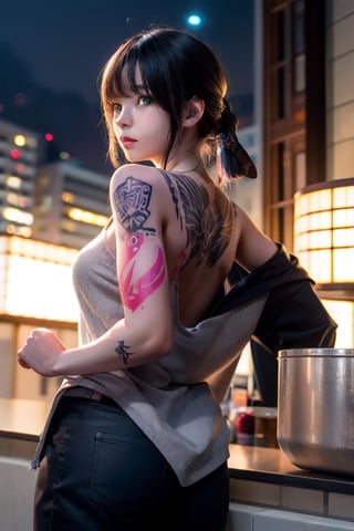 Top quality, masterpiece, 8K, beautiful woman, Japanese woman, expressionless, whole body, ((tattoo)), black slacks, white tank top, female mafia, cyberpunk city, night,ellafreya,Mitan,yuna \(ff10\),heterochromia,green eyes,blue eyes,kabashimahikari,airi_kijima,vnbeauty