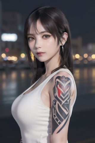 Top quality, masterpiece, 8K, beautiful woman, Japanese woman, expressionless, whole body, ((tattoo)), black slacks, white tank top, female mafia, cyberpunk city, night,Mitan, heterochromia,TifaFF7, ,TIFA,1girl,xxmixgirl,ftifa