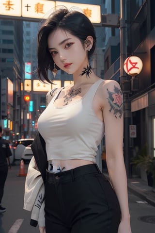 Top quality, masterpiece, 8K, beautiful woman, Japanese woman, expressionless, whole body, ((tattoo)), black slacks, white tank top, female mafia, cyberpunk city, night,ellafreya,Mitan