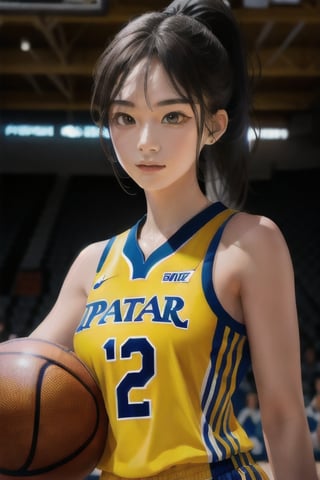 best quality, high quality, ultra quality, 8k, masterpiece, detailed, extremely detailed, insanely detailed, ultra detailed, ultra highres ,exquisite, lifelike Images,cinematic experience,UHD picture,Realistic,photorealistic,hyperrealistic,vivid,RAW photo,shot by DSLR, 
one girl, upper body,half smile, seductive, basketball uniform, yellow shirt, indoor basketball court, Ponytail Hair