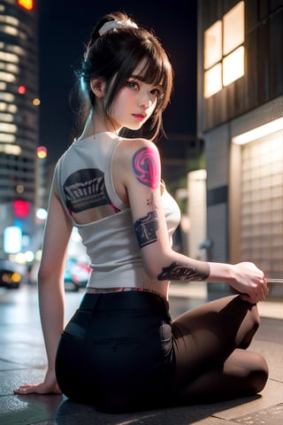 Top quality, masterpiece, 8K, beautiful woman, Japanese woman, expressionless, whole body, ((tattoo)), black slacks, white tank top, female mafia, cyberpunk city, night,ellafreya,Mitan,yuna \(ff10\),heterochromia,green eyes,blue eyes,kabashimahikari,airi_kijima,vnbeauty