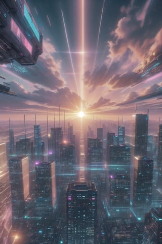 City, metropolis, with skyscrapers, against the backdrop of a pink sunset, pink and peach sky, the glare of the sun on the buildings, sun rays between buildings, without people, Futuristic future, adstech,sense of technology