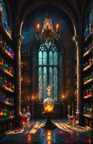 Photorealistic, Award Winning, Ultra Realistic, 8k,  potions. medieval , richly silver embroidered. Medieval atmosphere. old castle room, (many  colored potion ampoules:1.4) on the shelves. Masterpiece, ultra highly detailed, , Alluring, Amazing, Excellent, , Heavenly, Very Refined, dark golden light,digital painting,crystalz,Decora_SWstyle,magic background,magiical,dark magic style,scenery